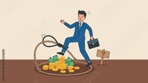 Businessman Stepping into a Money Trap with Coins and Cash, Concept of Financial Risk, Investment Scam, Greed, and Fraudulent Schemes, Vector Illustration of a Man Falling into a Debt Pitfall.