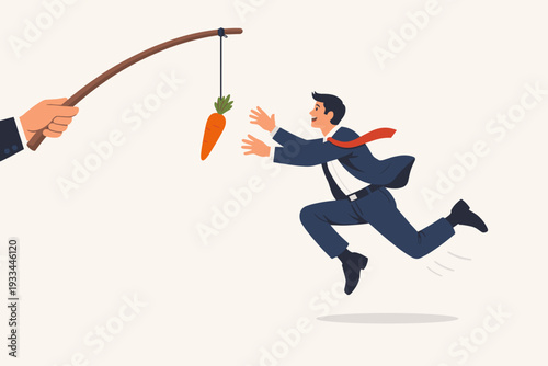 Businessman Jumping to Catch a Carrot on a Stick, Concept of Motivation, Incentive, and Employee Engagement, Temptation and Reward Strategy in Business Management, Goal Achievement Vector.