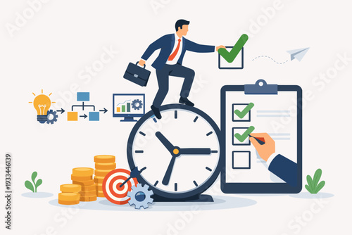Businessman managing project workflow and time efficiency, standing on a clock while checking tasks on a clipboard, featuring icons for ideas, planning, finance, and target achievement.