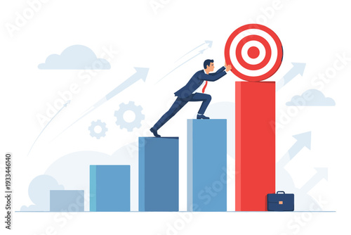 Businessman Pushing a Large Red Target to the Top of a Rising Bar Chart, Representing Business Growth, Success, Overcoming Adversity, and Reaching Ambitious Corporate Goals and Strategic Milestones.
