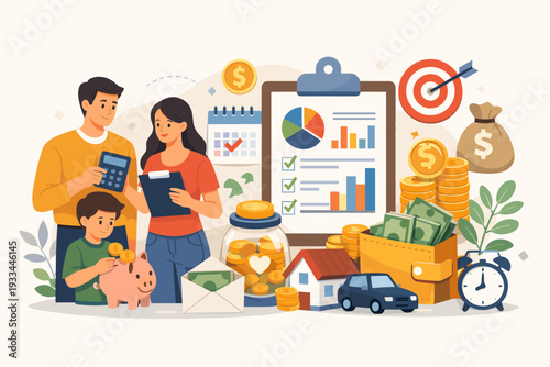 Family managing personal income and expenses with budget strategy, featuring parents and child saving money with piggy bank, financial charts, coins, house, car, and wallet vector illustration.