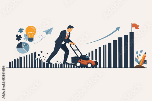 Businessman in a suit using a lawnmower to trim a barcode into a rising growth chart, symbolizing rebranding, business transformation, strategic innovation, corporate success, and brand evolution.