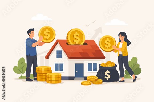 Real Estate Investment Concept with Man and Woman Putting Gold Coins into a House Shaped Piggy Bank, Successful Property Earnings, Mortgage Savings, Home Buying, and Financial Growth Illustration.