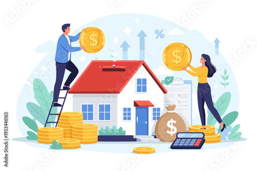Real Estate Investment Concept with People Putting Gold Coins into a House Piggy Bank. Successful Property Earnings, Mortgage Savings, Financial Growth, and Home Ownership Strategy Vector Art.