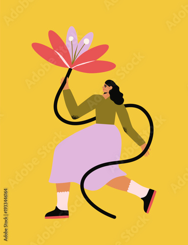 Holiday card with a girl and a large flower for spring. Flat illustration for Mothers Day. Cover for booklets, stationery, posters.