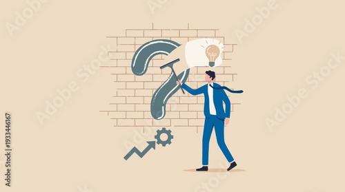 Businessman Using Squeegee to Clean Question Mark on Brick Wall Revealing Light Bulb Idea, Concept of Problem Solving, Finding Solutions, Innovation, Business Strategy, and Creative Thinking Vector
