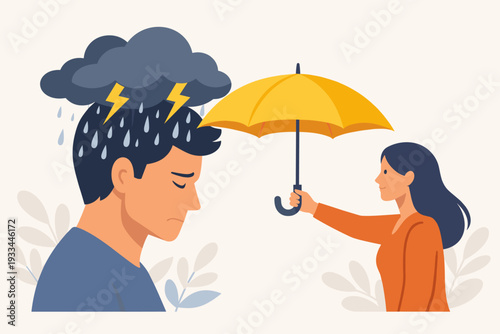 Mental Health Support Concept with Woman Holding Yellow Umbrella Over Sad Man with Storm Cloud and Rain Above His Head Representing Depression, Empathy, Compassion, and Psychological Assistance.