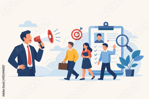 Vector Illustration of an Employer Shouting into a Loudspeaker to Recruit New Employees for a Job Vacancy. We Are Hiring Concept with Candidates, Resume Clipboard, and Talent Search Elements.