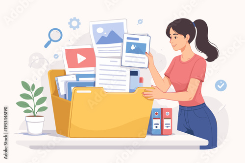 Vector Illustration of a Young Woman Organizing and Searching for Digital Files, Documents, Photos, and Videos in a Large Yellow Folder, Concept of Content Management, Data Organization, and Storage.