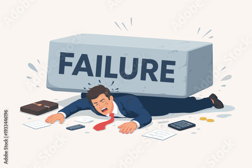 Businessman in a suit being crushed by a massive stone block with the word failure, representing business bankruptcy, financial loss, professional stress, career setback, and economic crisis.