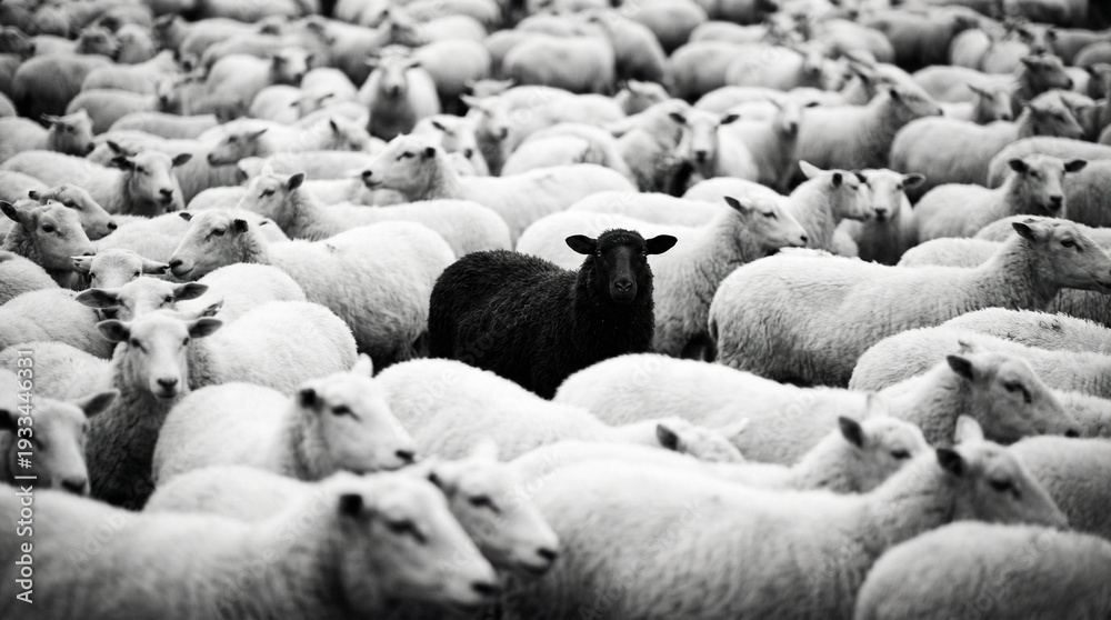 Fototapeta premium Dramatic black sheep standing out in a sea of white sheep, creating a striking contrast in monochrome tones