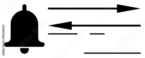 Notifications, communication, email alerts, instructions, reminders, workflow. Black bell icon with arrows and motion lines. Notifications and communication concept