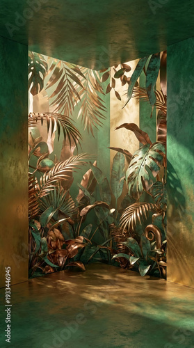 Indoor scene with tropical foliage in metallic hues viewed through an opening, representing nature or exotic luxury. Showcase, stage. Free space.