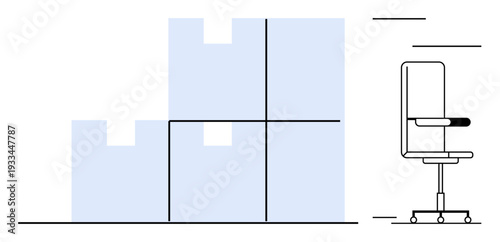 Logistics, warehouse management, productivity, office workflow, storage solutions, shipment services. Boxes stacked beside a rolling desk chair. Logistics and warehouse management conceptual theme