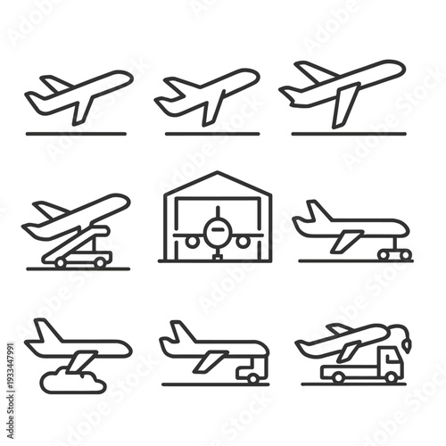 Minimalist airplane icons illustrating various stages of flight and ground procedures