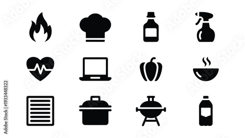 A vibrant and detailed vector illustration featuring a collection of 12 kitchen and cooking icons in flat design style, perfect for culinary and restaurant themes.