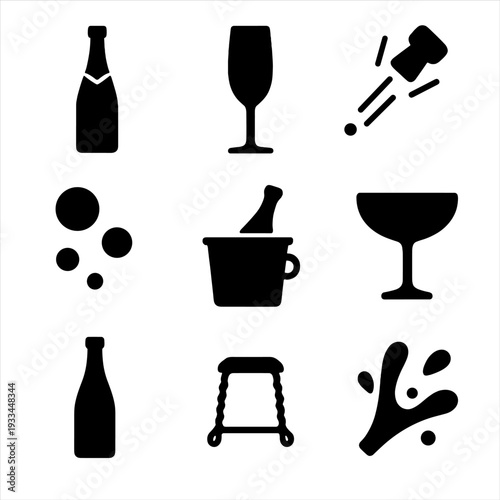 Champagne celebration icons with glasses, bubbles, and bottle silhouettes