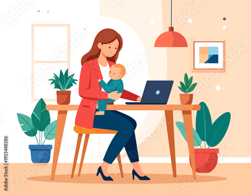 A mother working from home on her laptop while holding her baby, illustrating the challenges of balancing work and family life.