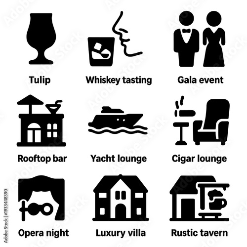 Elegant icons depicting modern lifestyle elements and leisure activities