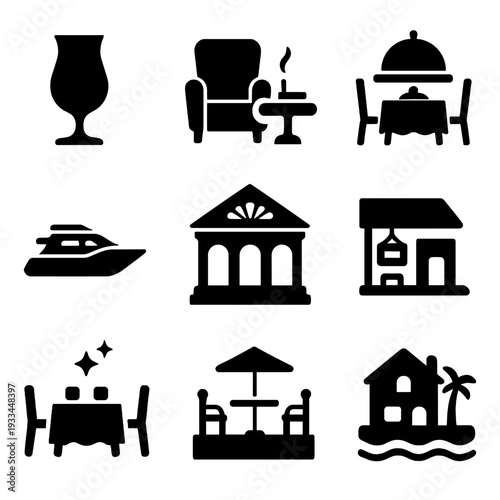 Black silhouette icons of luxury items and leisure activities