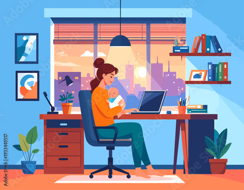 A woman working from home on a laptop while holding her baby, with a city view from the window.