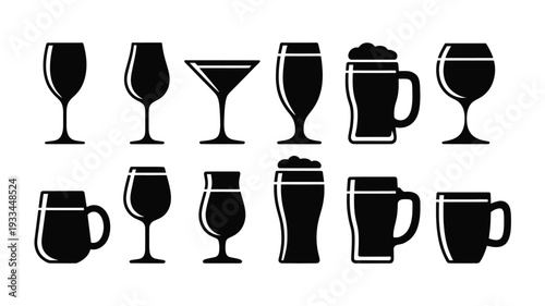 A set of black silhouettes of various wine and beer glasses on a white background, perfect for use in graphic design, advertising, or as icons.