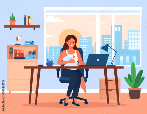 A working mother holding her baby while using a laptop at an office desk with a city view.