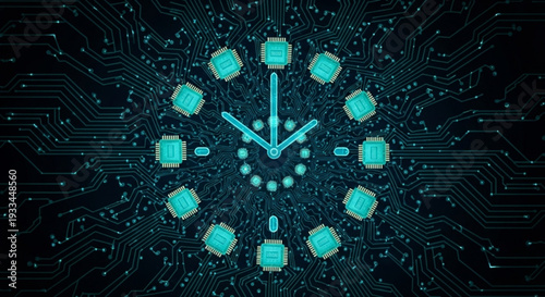 Futuristic clock face with microchip circuit board background neon blue glow modern technology concept cybernetic timekeeping device digital innovation theme abstract tech wallpaper