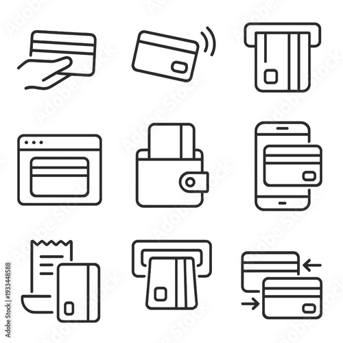 Contactless payment icons: wallet, card, mobile banking, and online transactions
