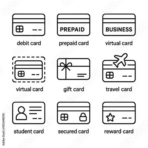 Varied card types icon set: debit, prepaid, business, virtual, gift, travel, student