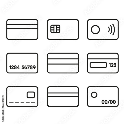 Minimalist payment card icons set featuring chip and contactless symbols