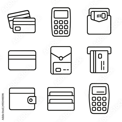 Minimalist icons of credit cards and payment methods on gray background