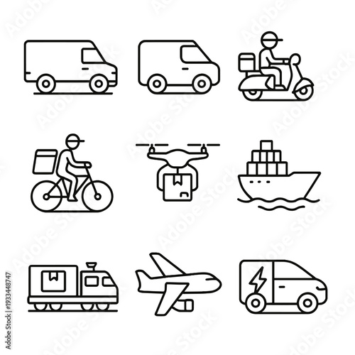 Variety of transportation icons: van, bike, drone, scooter, plane, and ship
