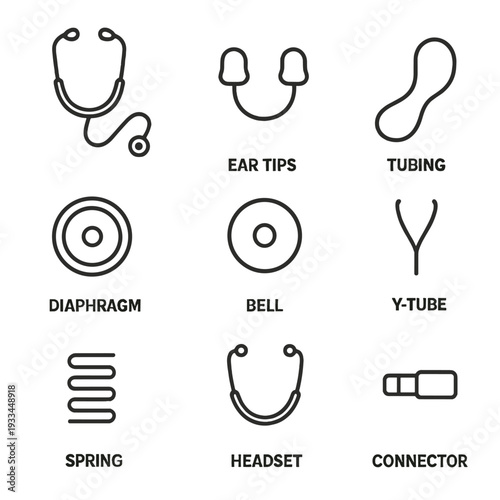 Stethoscope diagram with detailed parts and labels for medical training