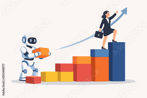 Artificial Intelligence Robot Helping Businesswoman Climb the Ladder of Success with Bar Chart Blocks, Concept of AI Supporting Career Development, Professional Growth, and Future Automation