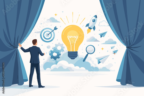 Businessman opening blue curtains to reveal a world of creative business ideas, innovation, and strategic solutions with a large glowing lightbulb, rocket, target, and gears vector concept