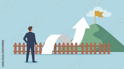Businessman watching a white arrow jump over a wooden fence towards a goal flag on a mountain peak, symbolizing business growth, overcoming obstacles, career success, and strategic achievement.