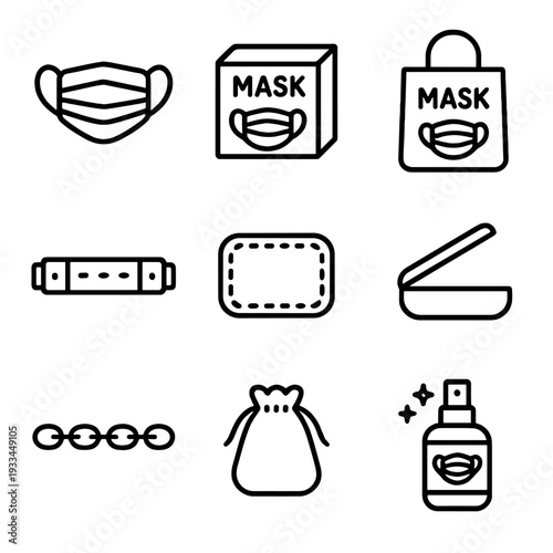 Minimalist mask icons collection featuring face mask, box, bag, and sanitizer