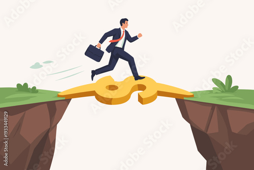 Businessman in a suit carrying a briefcase running across a golden dollar sign bridge spanning a deep canyon between two cliffs, symbolizing financial risk, success, and economic opportunity.