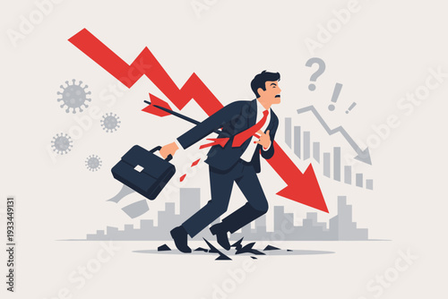 Businessman pierced by a falling red arrow symbolizing economic recession and stock market crash due to the pandemic, depicting financial crisis, business failure, and market uncertainty.