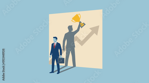 Businessman in suit with briefcase standing before a wall, his shadow holding a winner trophy cup next to a rising growth arrow. Concept of ambition, career success, potential, and achievement.
