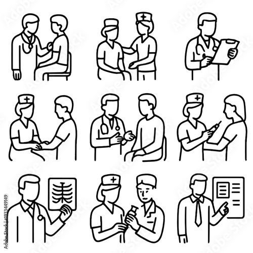 Healthcare professionals engaging in medical consultations and procedures