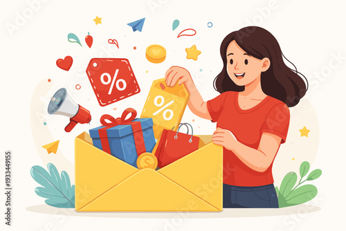 Happy woman opening a large yellow envelope filled with discount tags, gift boxes, and shopping bags, representing email marketing, promotional offers, special sales, and customer loyalty rewards.
