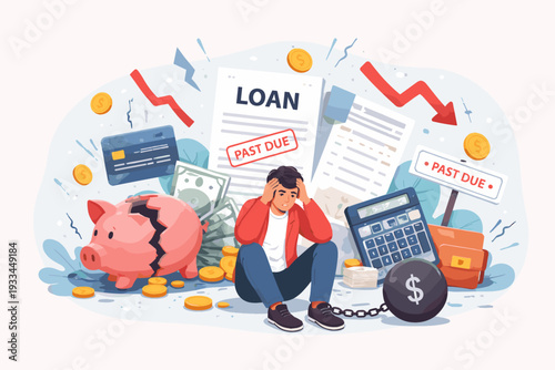 Stressed Man Facing Financial Crisis with Unpaid Loans, Past Due Bills, Broken Piggy Bank, and Debt Ball and Chain, Symbolizing Bankruptcy, Economic Hardship, and Money Management Problems