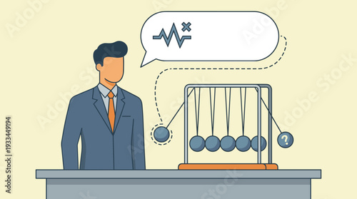 Businessman Illustrating the Ripple Effect of Misinformation and Communication Impact with a Newton's Cradle, Speech Bubble with Broken Signal and Question Mark, Cause and Effect Concept Vector