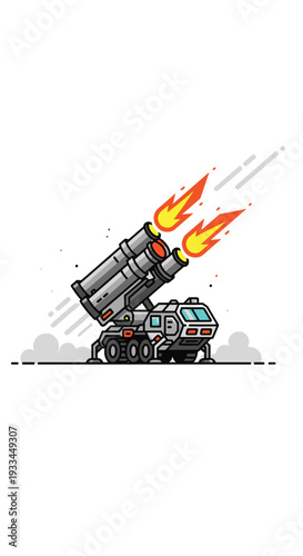 A multi-barreled rocket launcher on a grey wheeled vehicle fires two orange-flamed rockets with smoke trails in a cartoonish style.