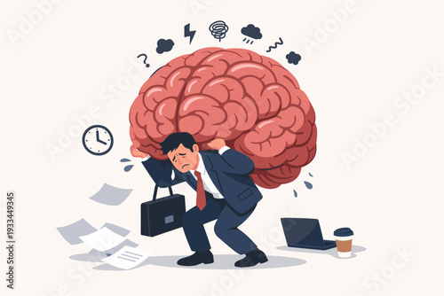 Overwhelmed Businessman Carrying Giant Brain as Heavy Burden Symbolizing Mental Stress, Workload Pressure, Burnout, Anxiety and Cognitive Exhaustion. Flat Vector Illustration of Distressed Office