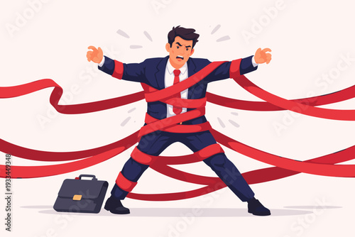 Angry Businessman Trapped and Struggling with Red Tape Bureaucracy, Frustrated Corporate Professional Tied Up by Excessive Regulations and Rules, Flat Vector Illustration of Business Obstacles