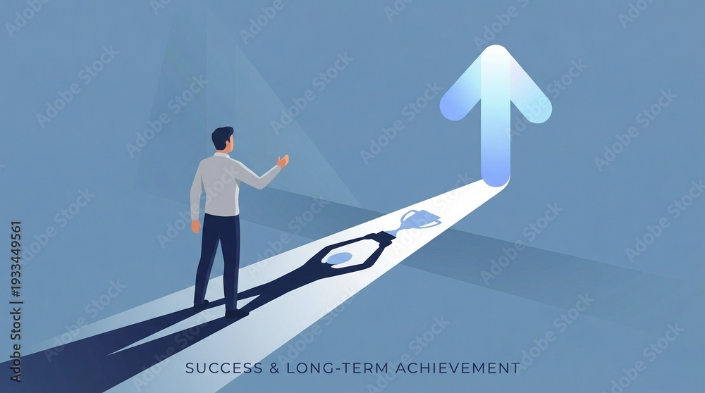 Obraz premium Man on an illuminated path moving towards an upward arrow, illustrating ambition, strategic planning, and the pursuit of professional success, long-term achievement