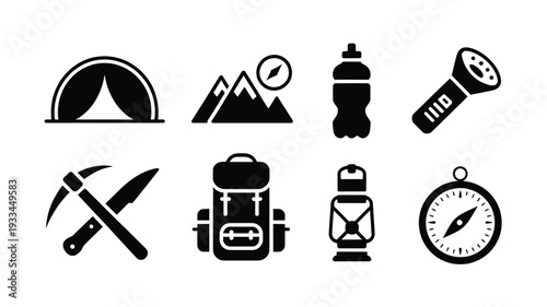 A set of black vector icons featuring hiking and camping symbols, including a tent, mountains, flashlight, water bottle, pickaxe, backpack, perfect for outdoor and travel designs.